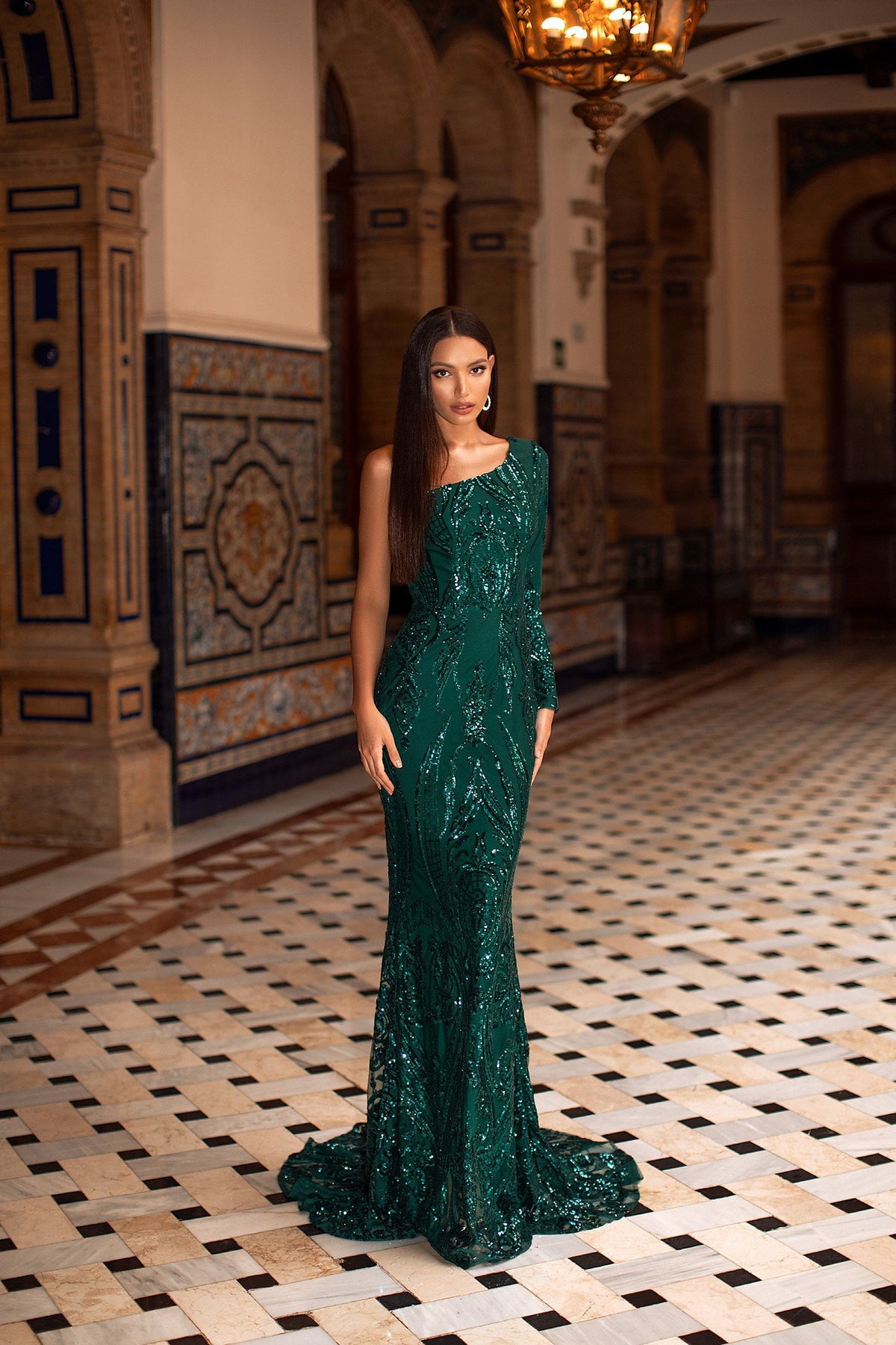 Emerald Sequin One Shoulder Gown with ...